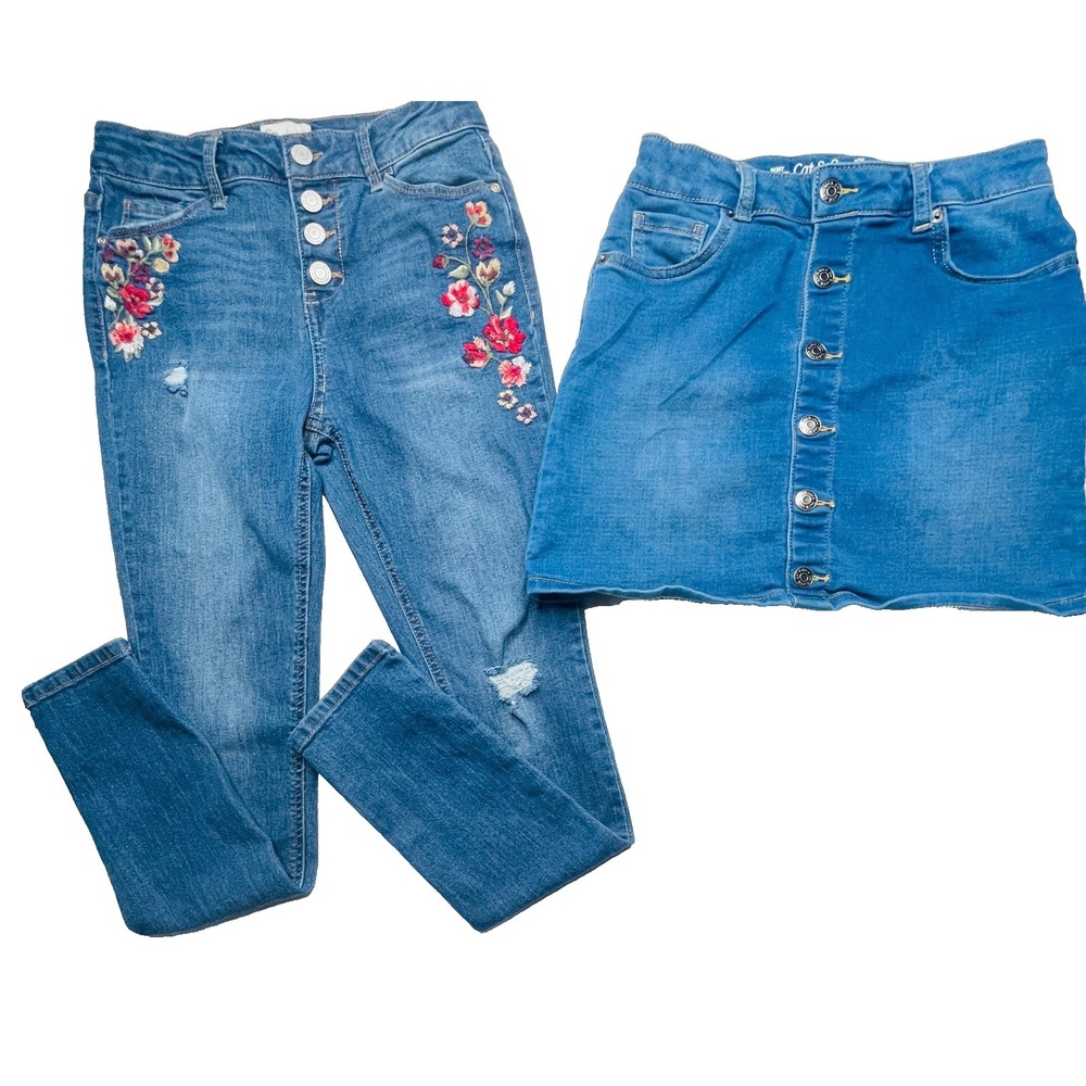 SO/Cat & Jack Girls Denim Lot Size 10 12 Floral Embroidered Jeans & Skirt Set